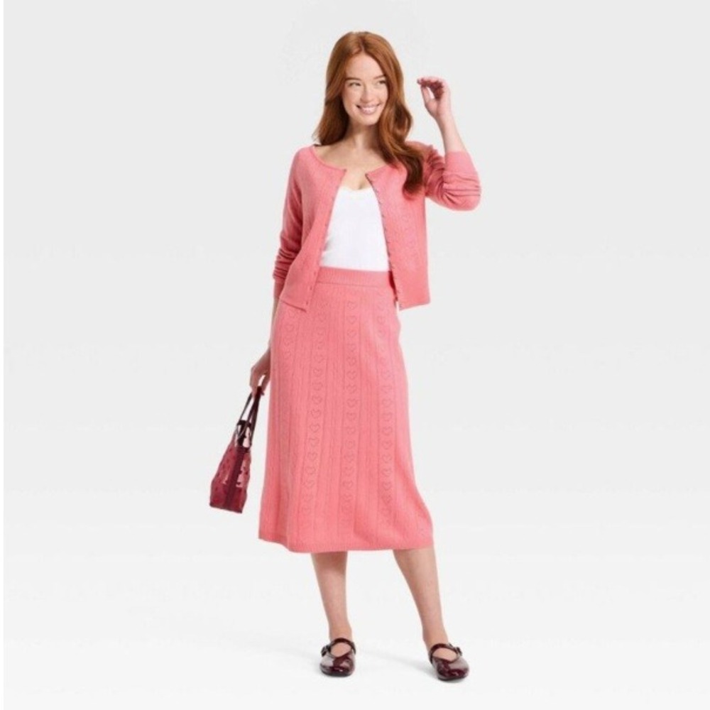 A New Day Pink Heart Pointelle Cable Knit Midi Skirt Size S New